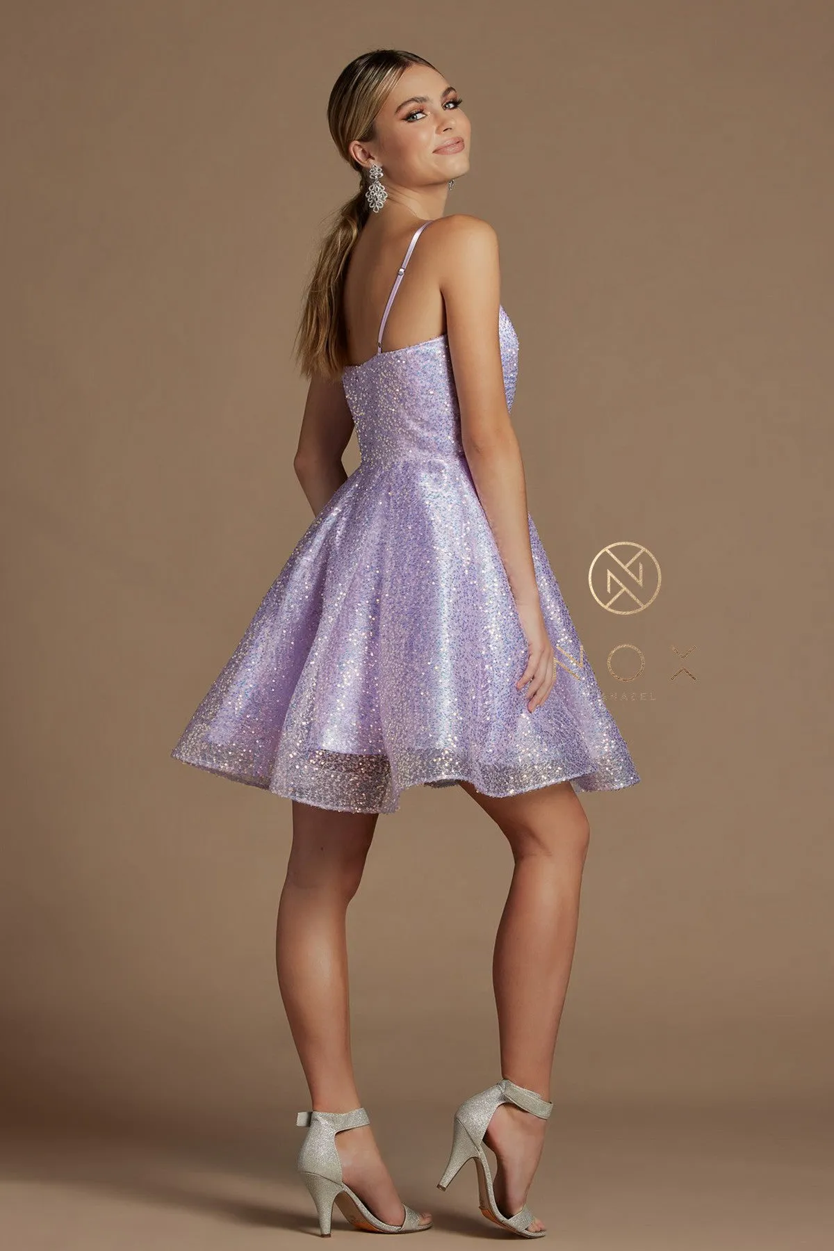 N R703 - Iridescent Sequin A-Line Homecoming Dress with V-Neck Pleated Bodice & Adjustable Spaghetti Straps