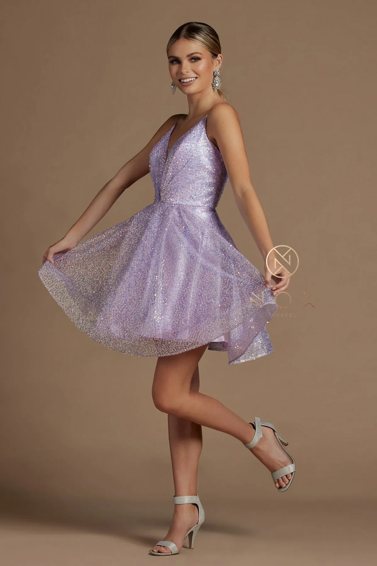 N R703 - Iridescent Sequin A-Line Homecoming Dress with V-Neck Pleated Bodice & Adjustable Spaghetti Straps