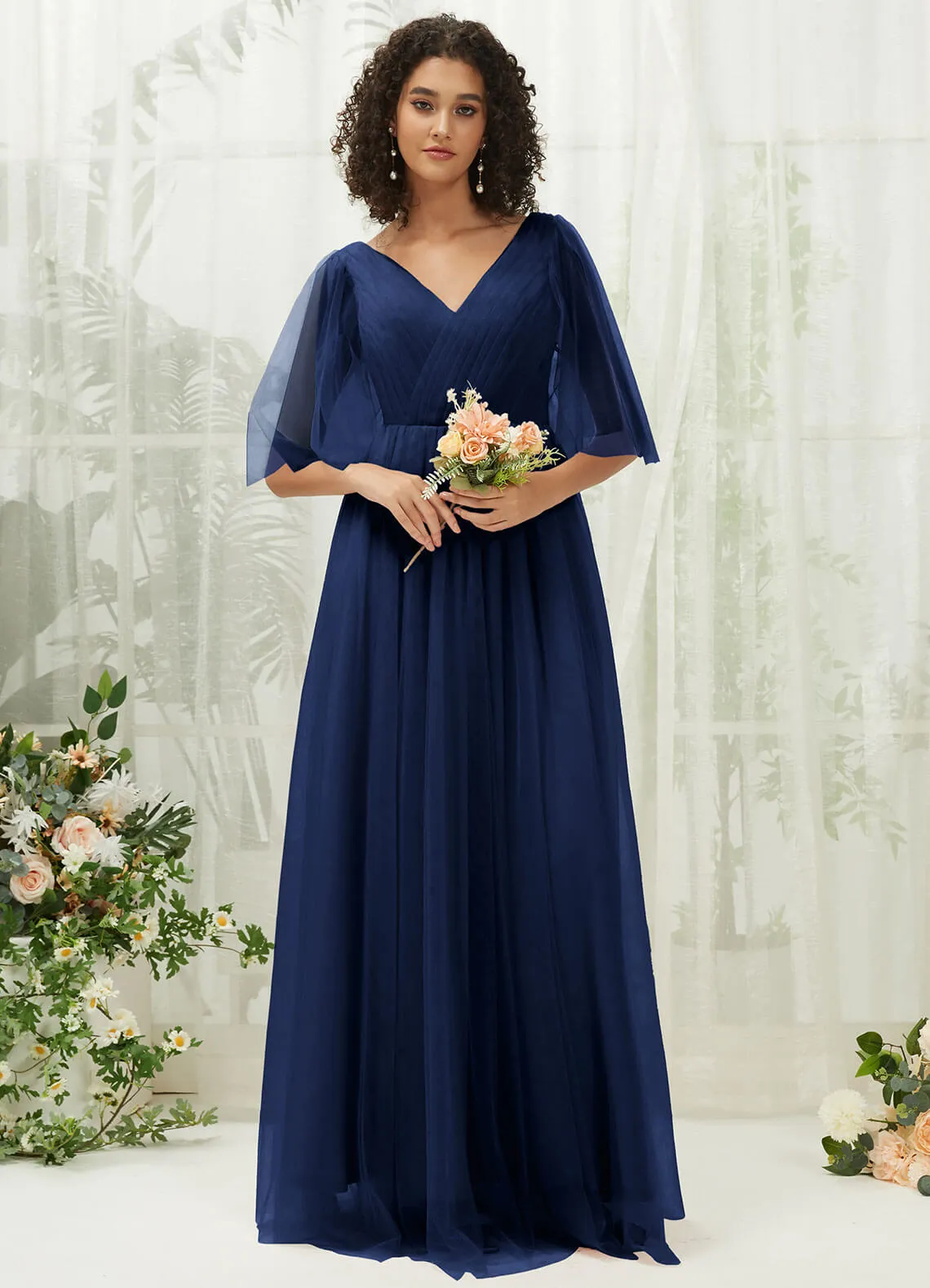 Navy Blue Ruffle Sleeves Tulle Maxi Bridesmaid Dresses With Pocket