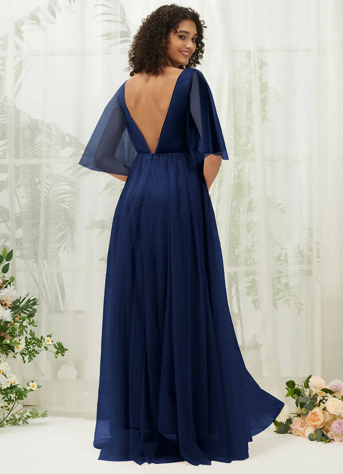 Navy Blue Ruffle Sleeves Tulle Maxi Bridesmaid Dresses With Pocket