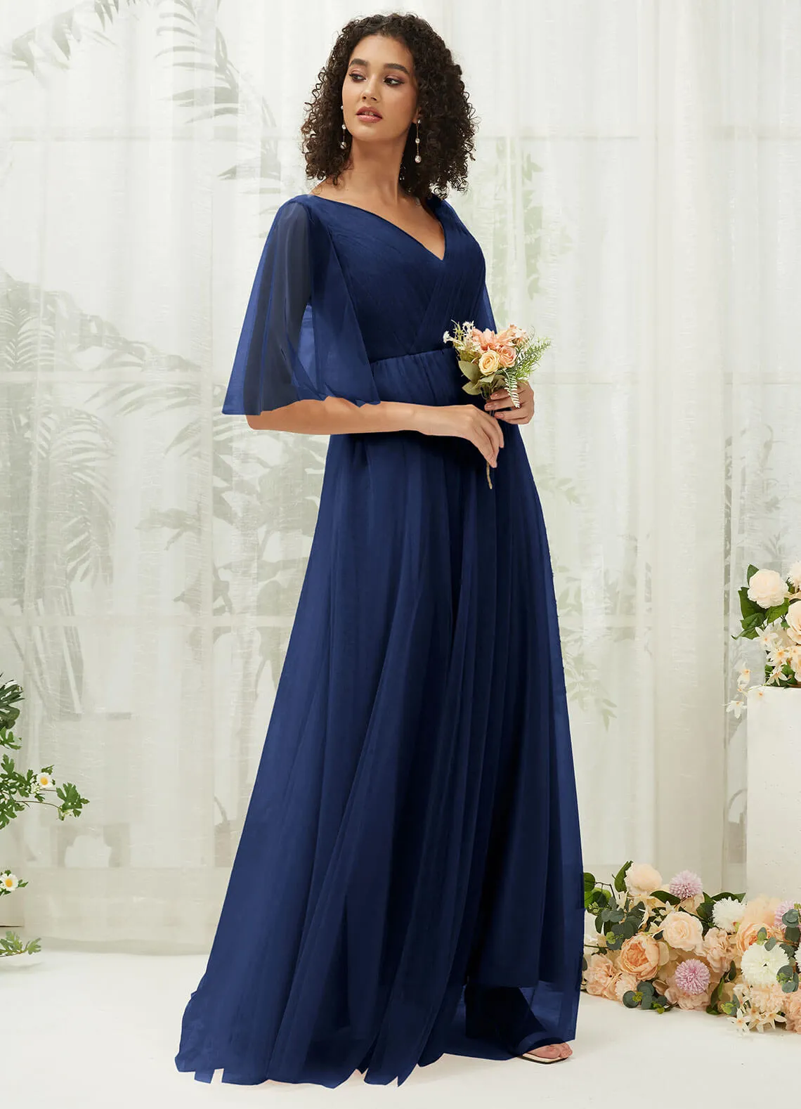 Navy Blue Ruffle Sleeves Tulle Maxi Bridesmaid Dresses With Pocket