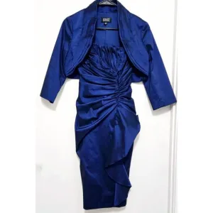 NEW ADRIANNA PAPELL SZ 6 BLUE 2 PC BOLERO JACKET/KNEE LTH RUCHED COCKTAIL DRESS
