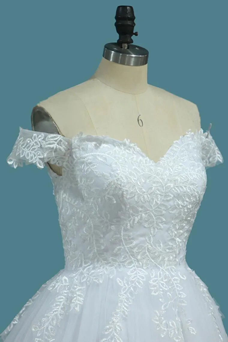 New Arrival Off The Shoulder A Line Wedding Dress Tulle With Applique Sweep Train OKE71