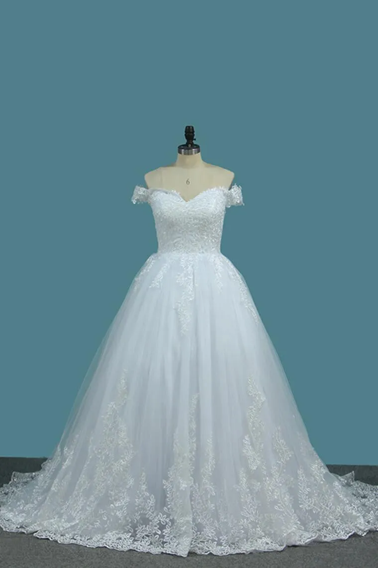 New Arrival Off The Shoulder A Line Wedding Dress Tulle With Applique Sweep Train OKE71