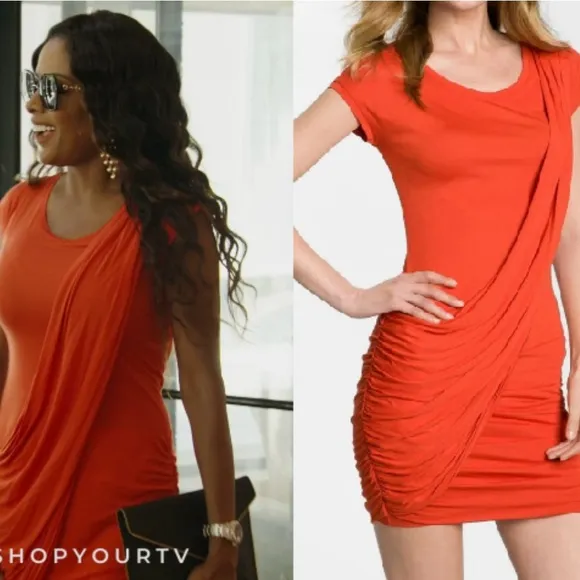 NEW BCBGMAXAZRIA Trudie Drape Sash Ruched Dress Medium Orange Real Housewives