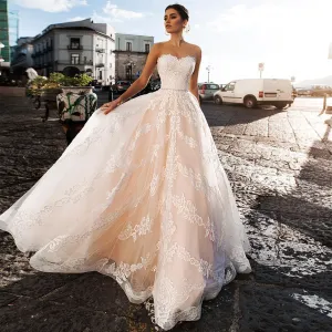 New Illusion O Neck Off Shoulder Button A-Line Wedding Dresses Appliqued Beading Crystal Floor Length Bridal Gowns
