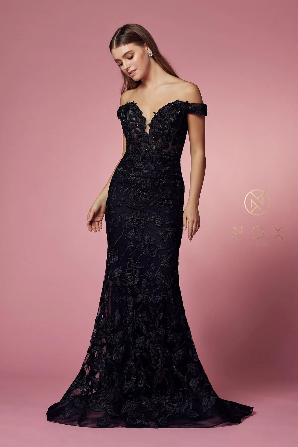 Nox Anabel C439 Off The Shoulder Boho Inspired Lace Mermaid Gown