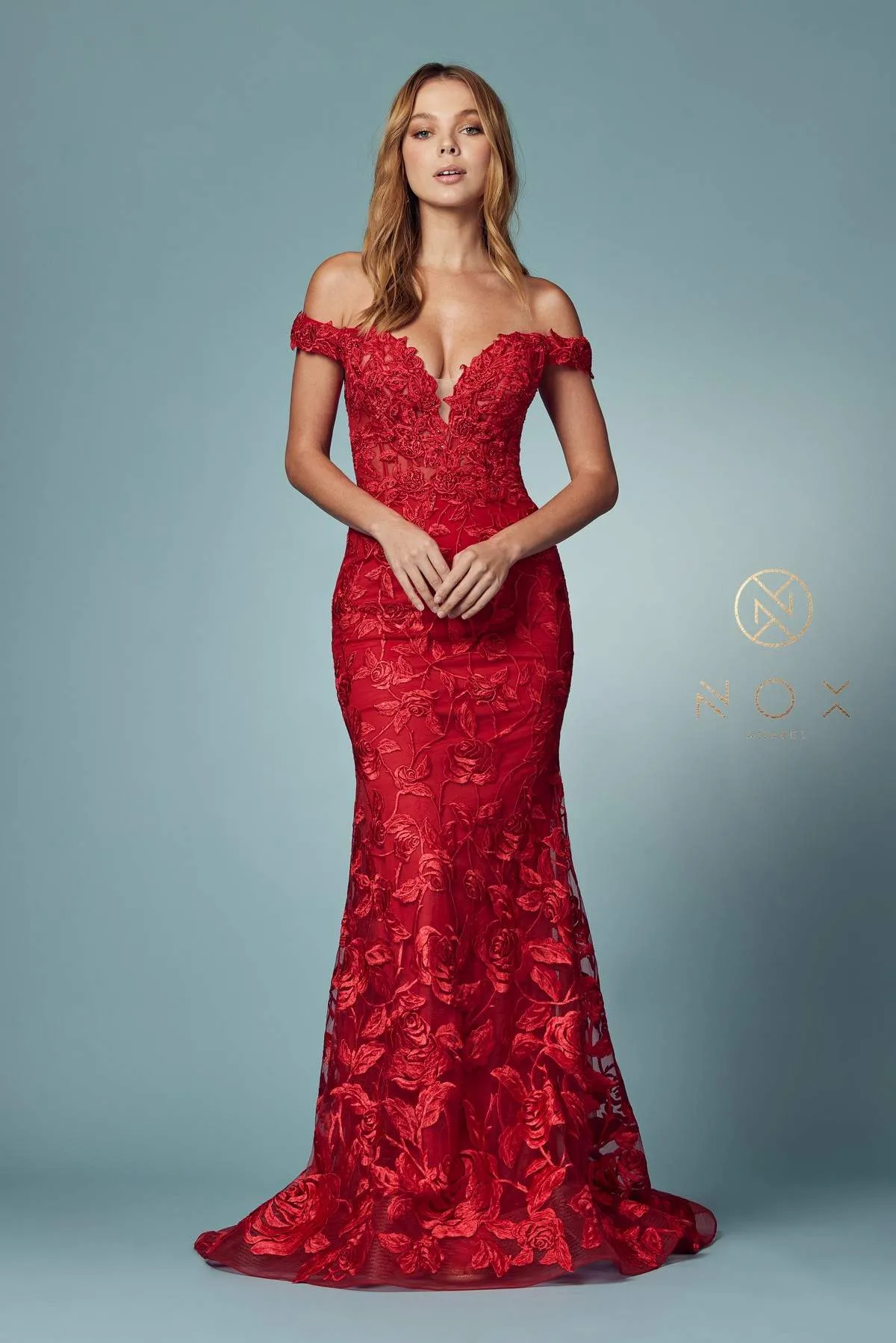 Nox Anabel C439 Off The Shoulder Boho Inspired Lace Mermaid Gown