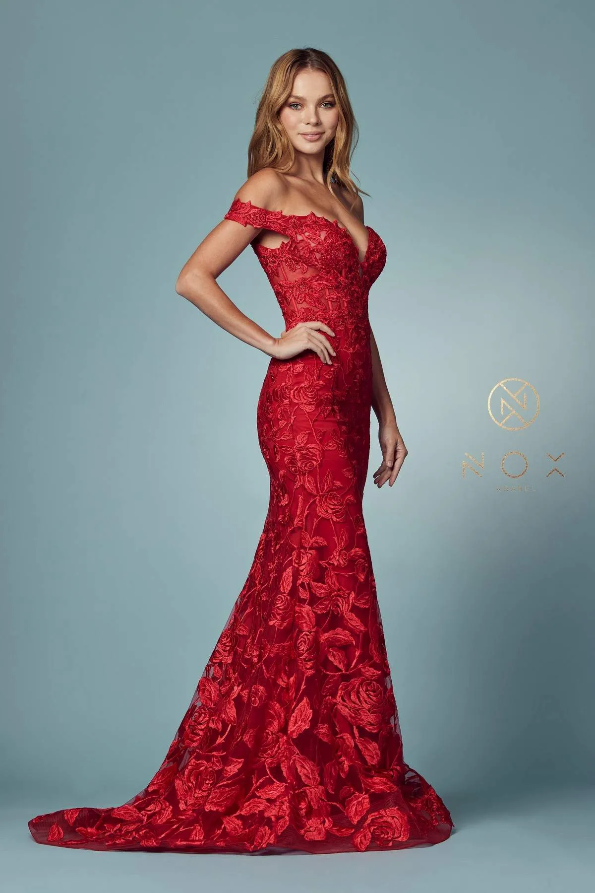 Nox Anabel C439 Off The Shoulder Boho Inspired Lace Mermaid Gown