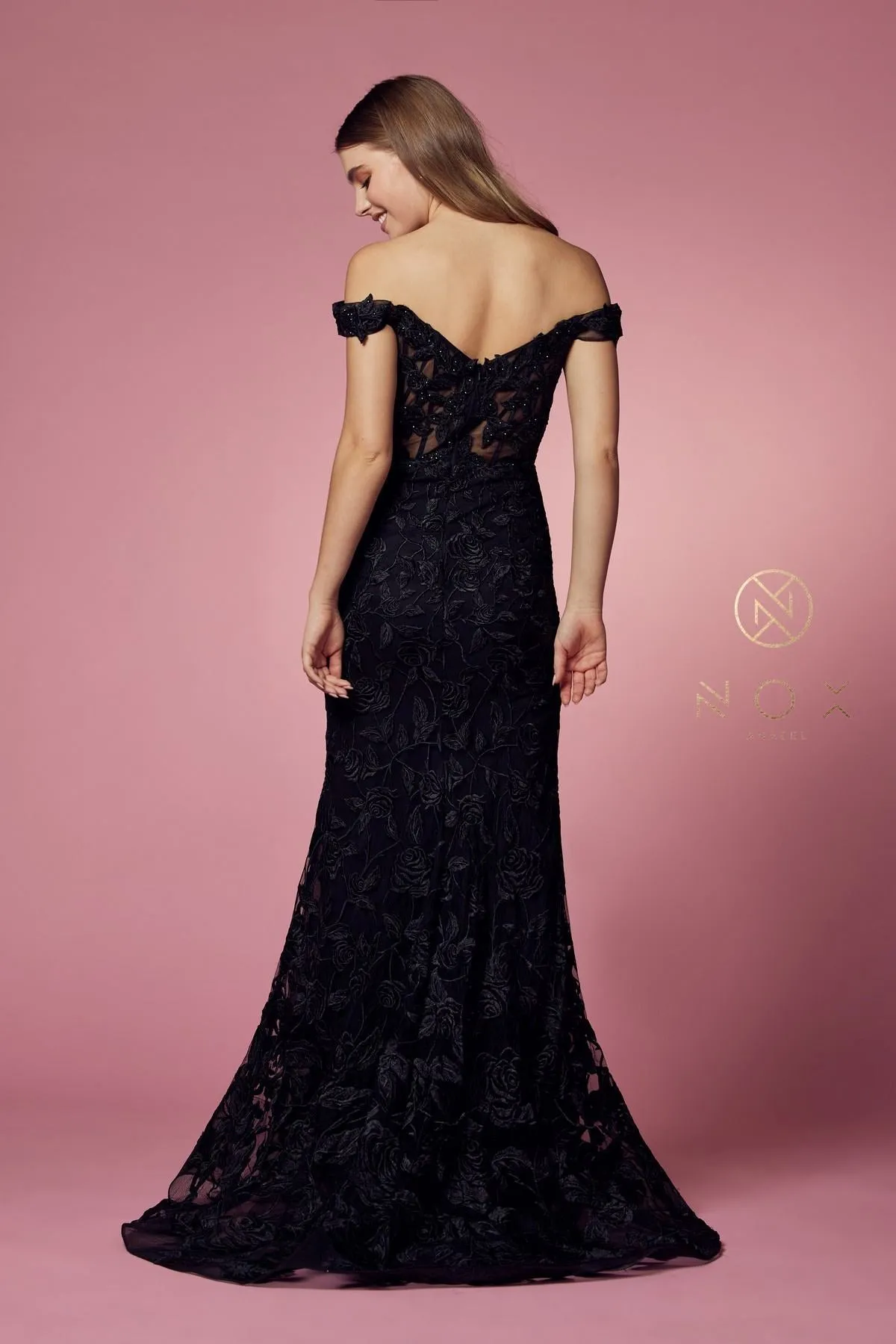 Nox Anabel C439 Off The Shoulder Boho Inspired Lace Mermaid Gown