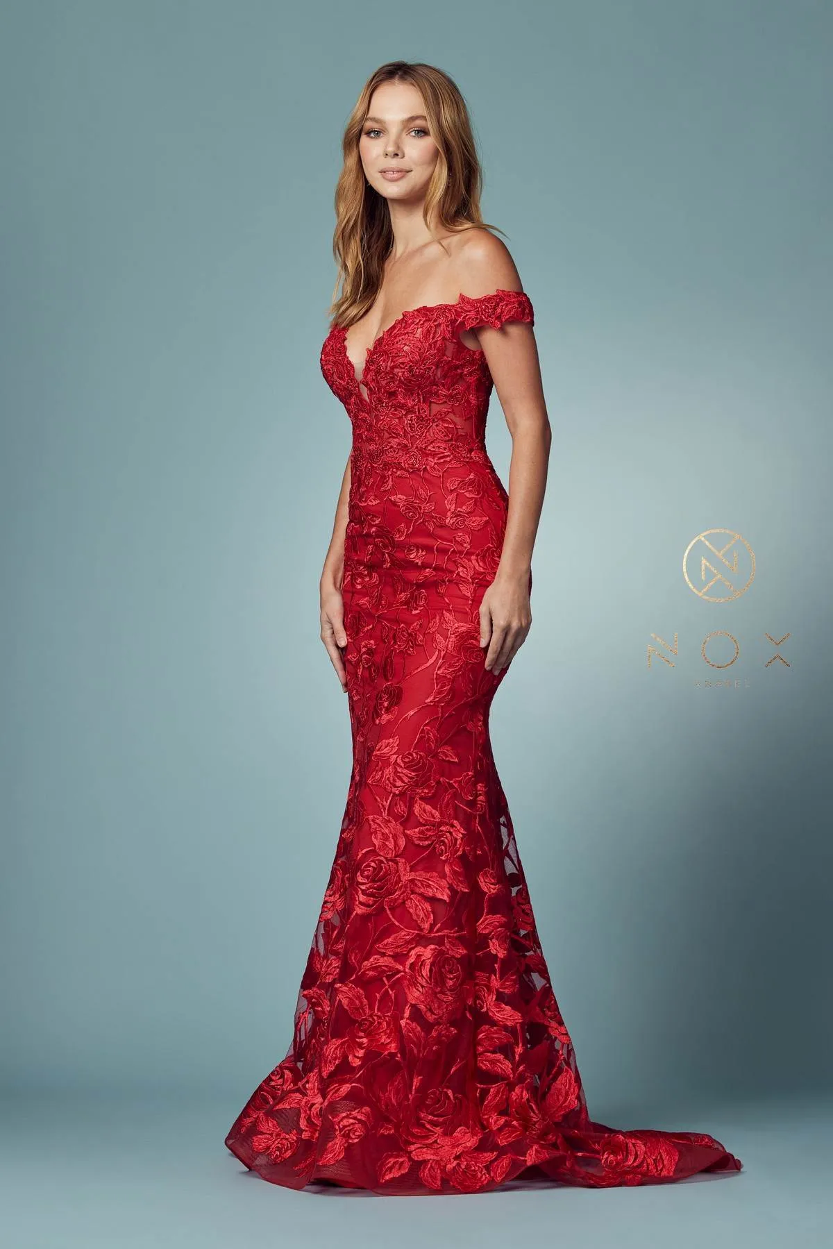 Nox Anabel C439 Off The Shoulder Boho Inspired Lace Mermaid Gown