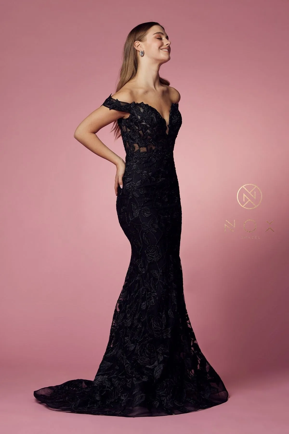Nox Anabel C439 Off The Shoulder Boho Inspired Lace Mermaid Gown