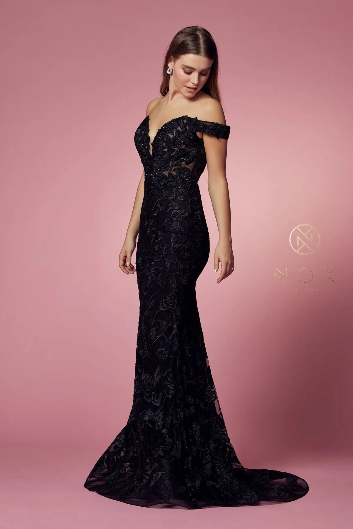 Nox Anabel C439 Off The Shoulder Boho Inspired Lace Mermaid Gown