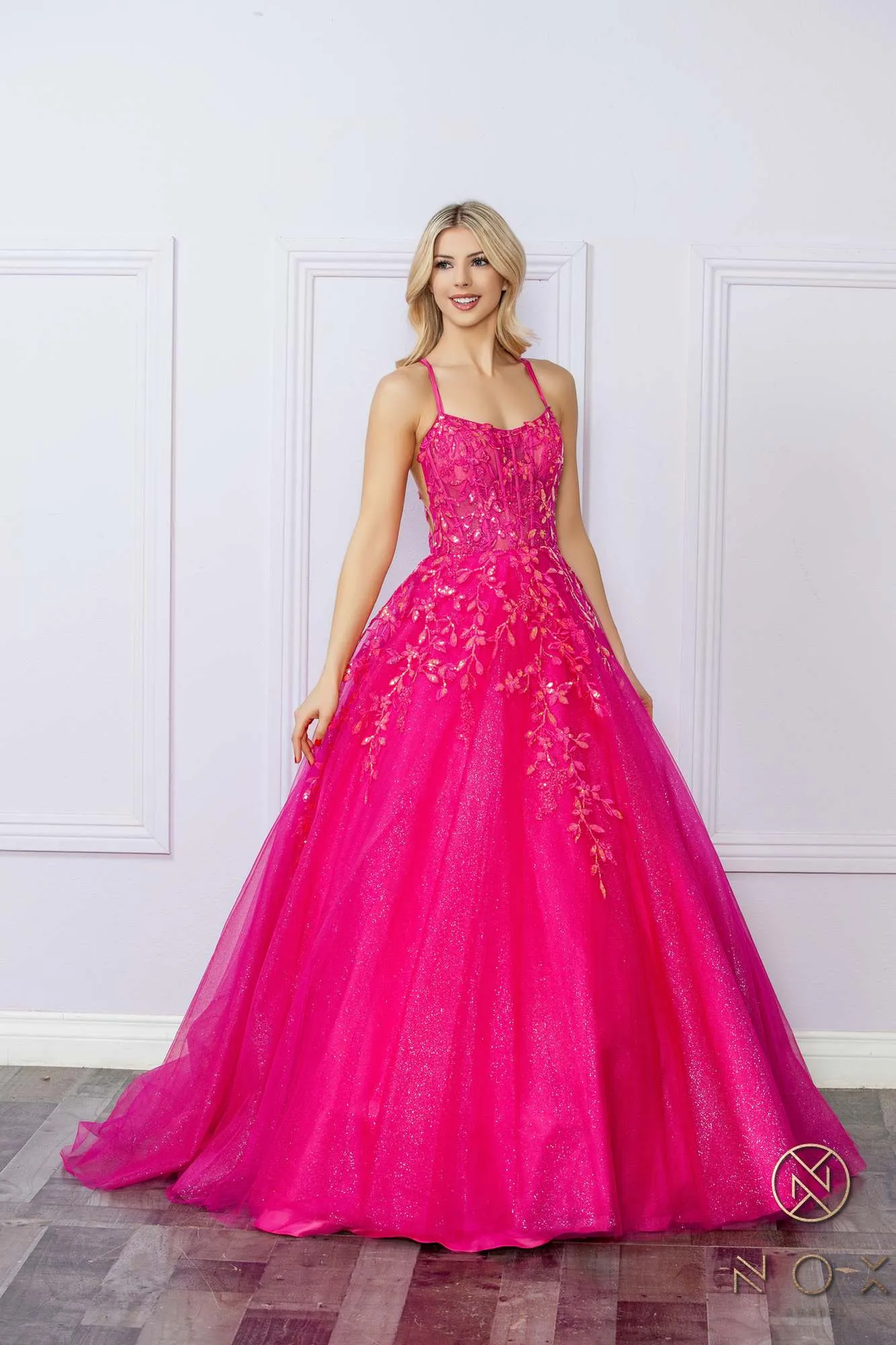 Nox Anabel H1271 Long Scoop Neckline Glitter Tulle A-Line Ballgown