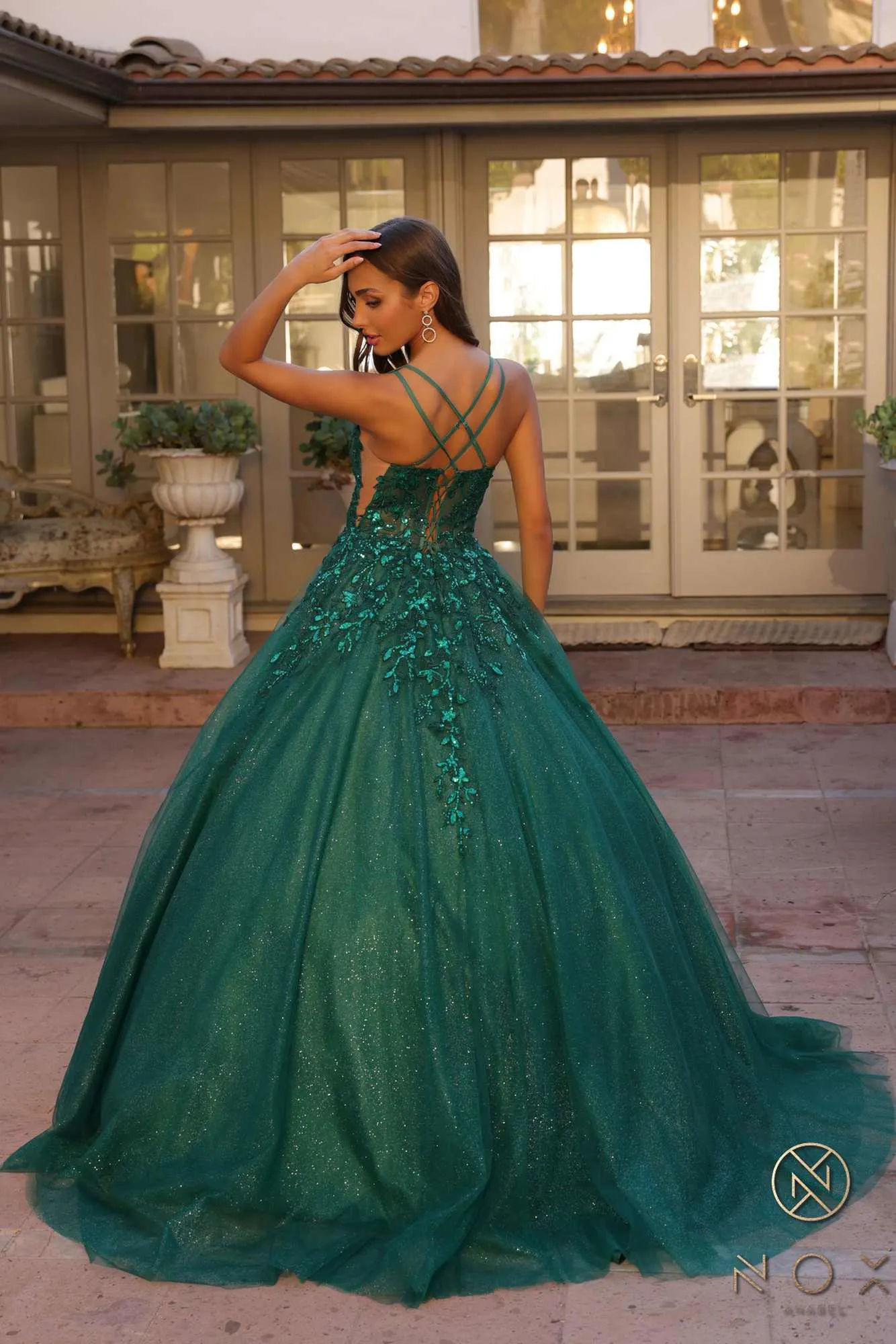 Nox Anabel H1271 Long Scoop Neckline Glitter Tulle A-Line Ballgown