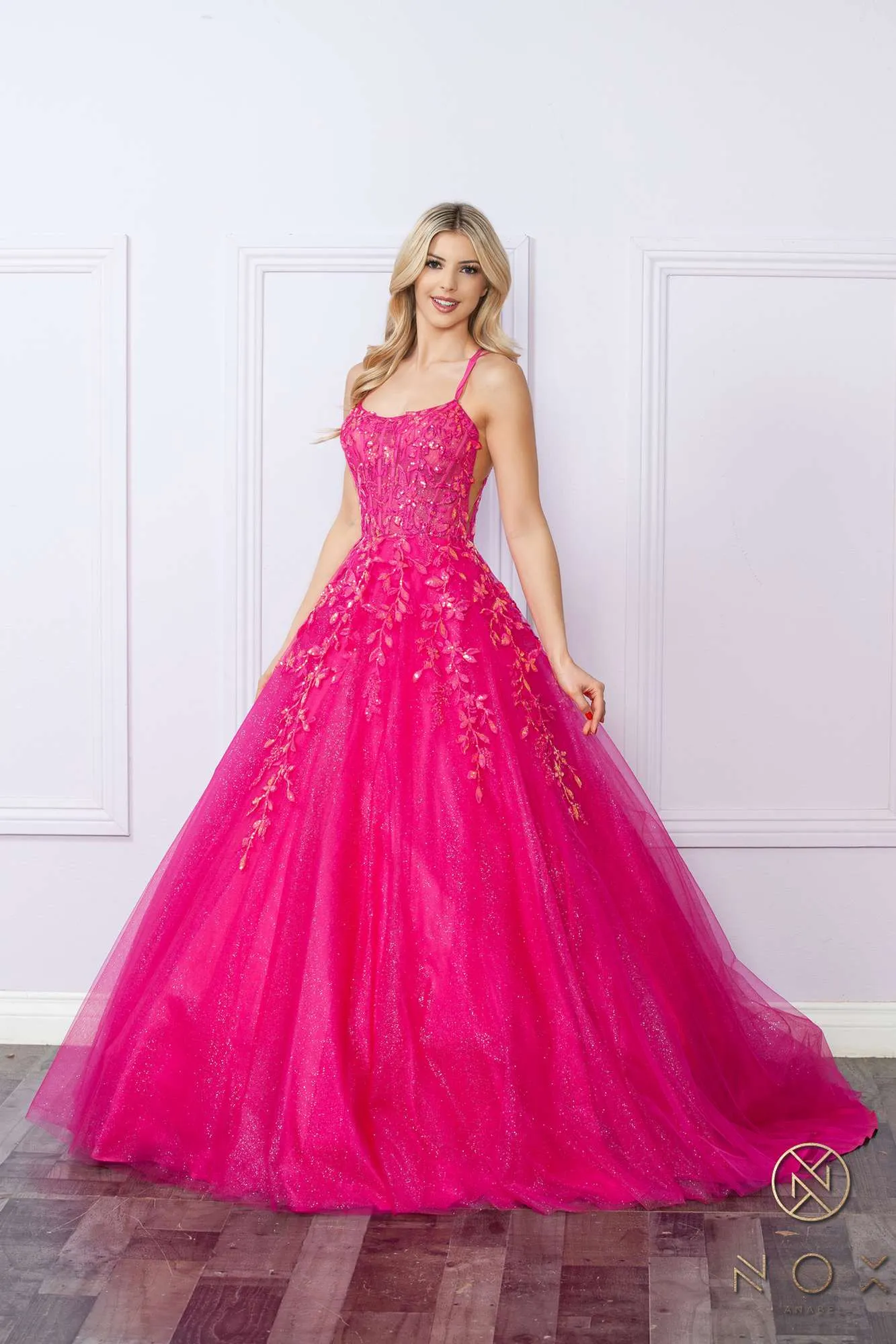Nox Anabel H1271 Long Scoop Neckline Glitter Tulle A-Line Ballgown