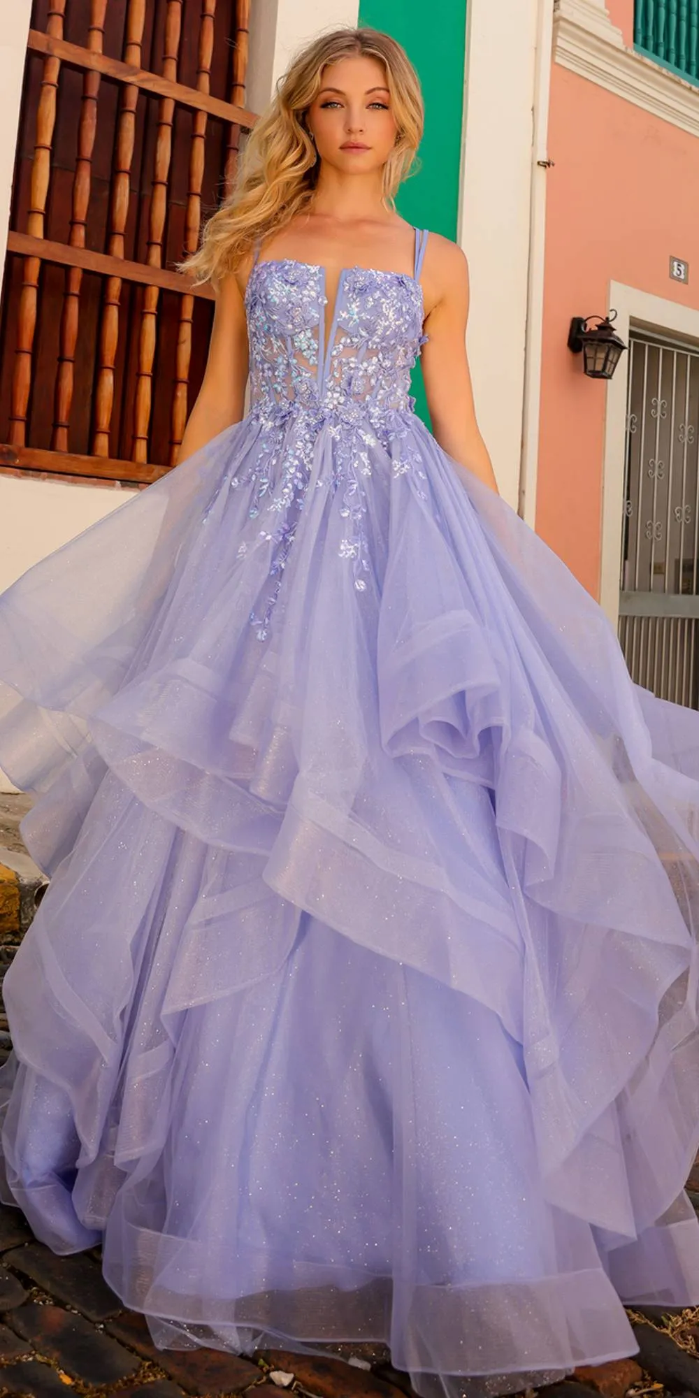 Nox Anabel H1351 Long A-Line Tiered Layered Ruffled Tulle Ballgown