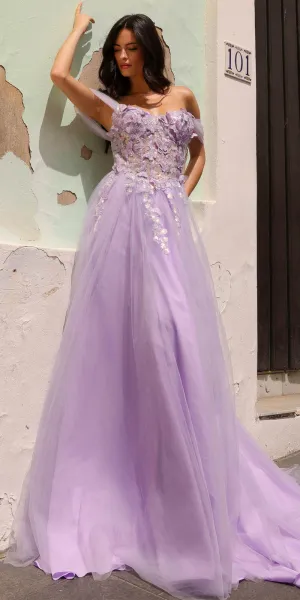 Nox Anabel J1324 Long A-Line Off Shoulder 3D Butterfly Applique Ballgown