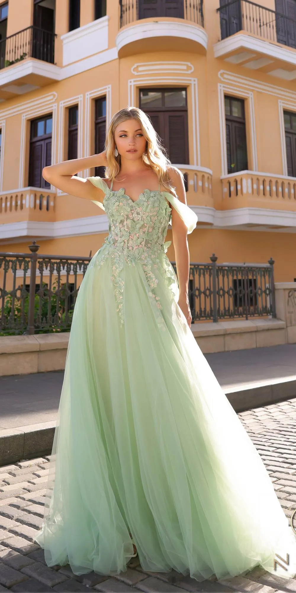 Nox Anabel J1324 Long A-Line Off Shoulder 3D Butterfly Applique Ballgown
