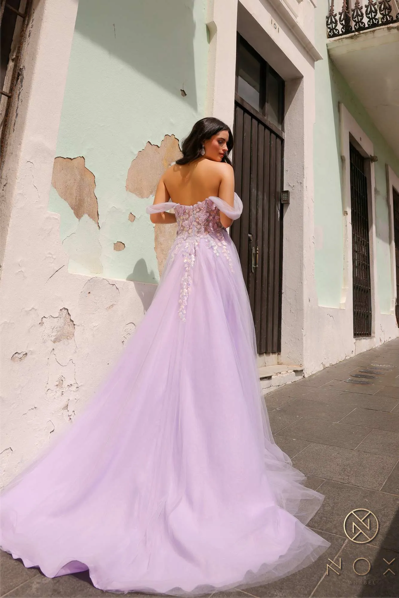 Nox Anabel J1324 Long A-Line Off Shoulder 3D Butterfly Applique Ballgown