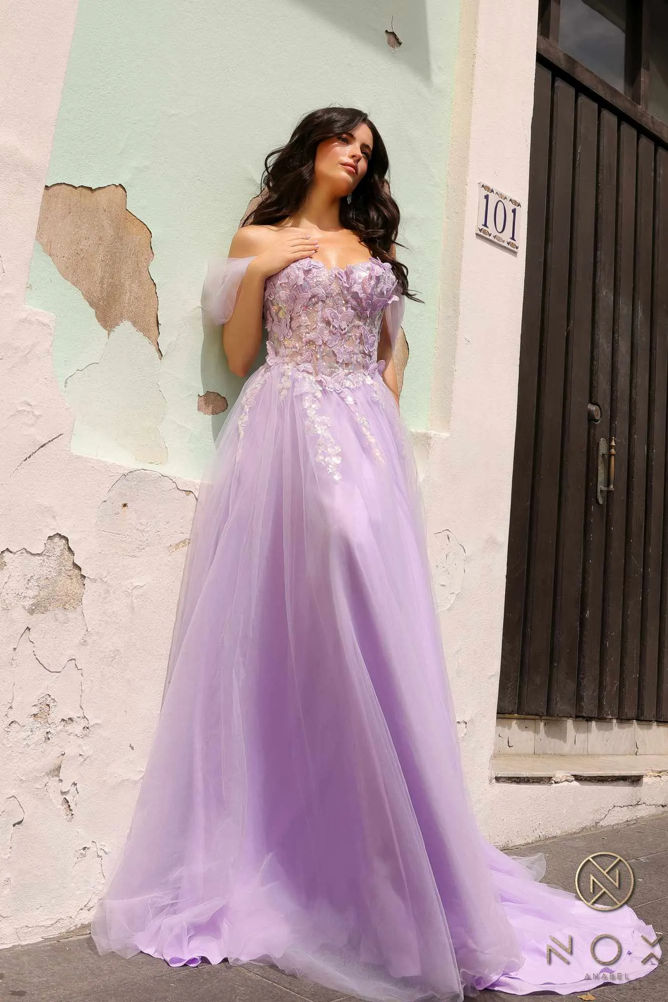 Nox Anabel J1324 Long A-Line Off Shoulder 3D Butterfly Applique Ballgown
