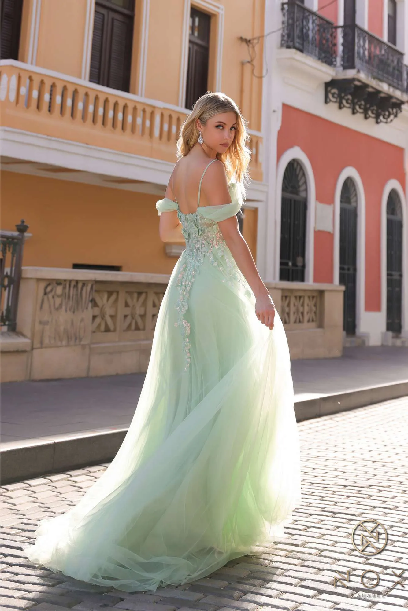 Nox Anabel J1324 Long A-Line Off Shoulder 3D Butterfly Applique Ballgown