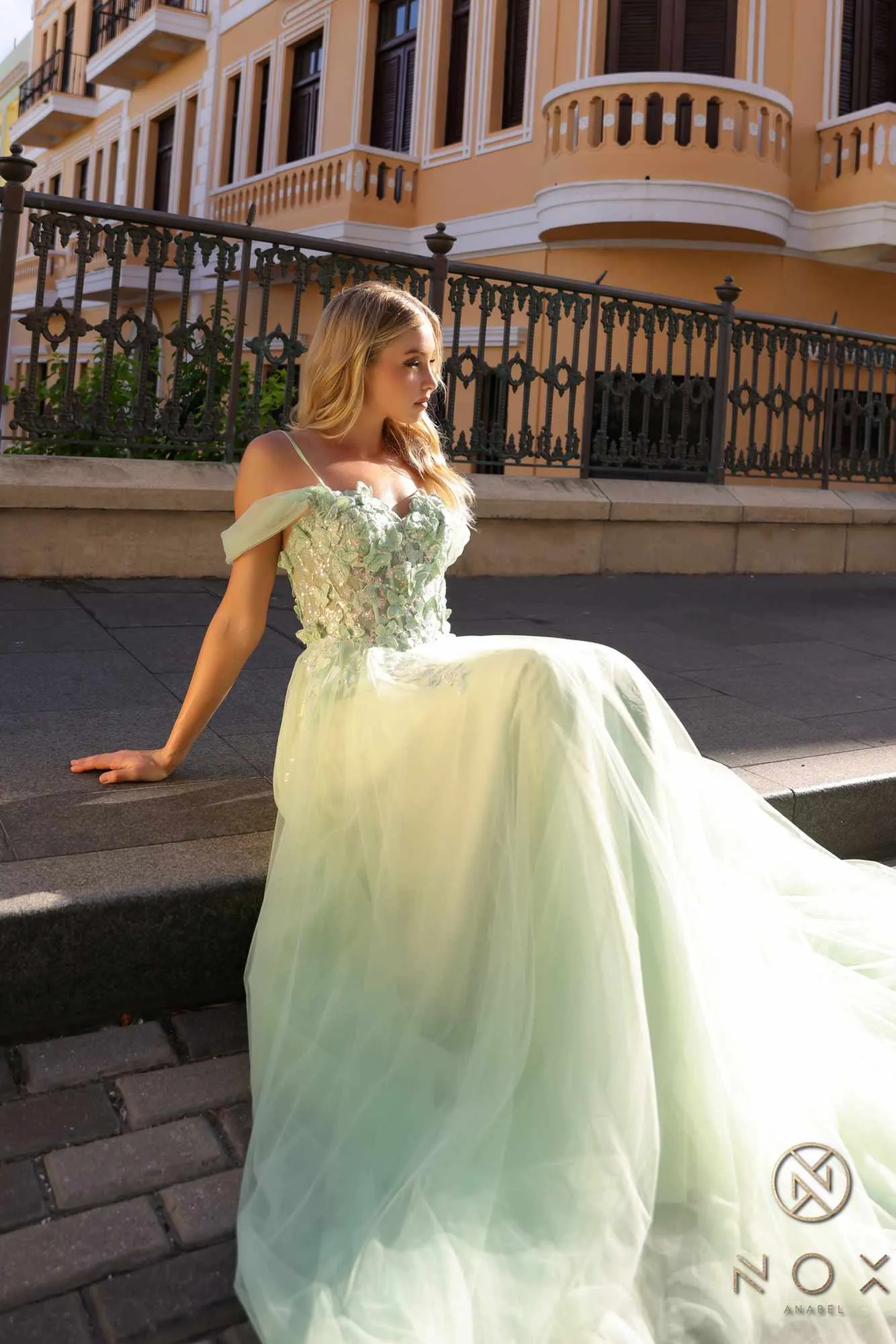 Nox Anabel J1324 Long A-Line Off Shoulder 3D Butterfly Applique Ballgown