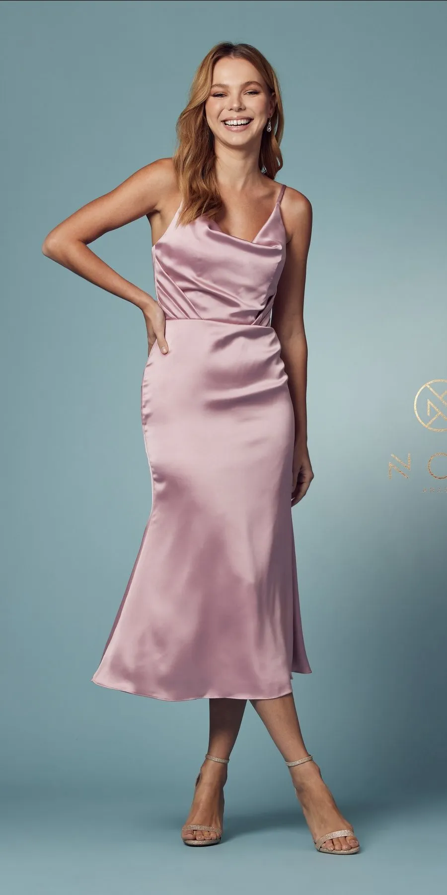 Nox Anabel R1027 Tea Midi-Length Formal Gown with Cowl Neckline