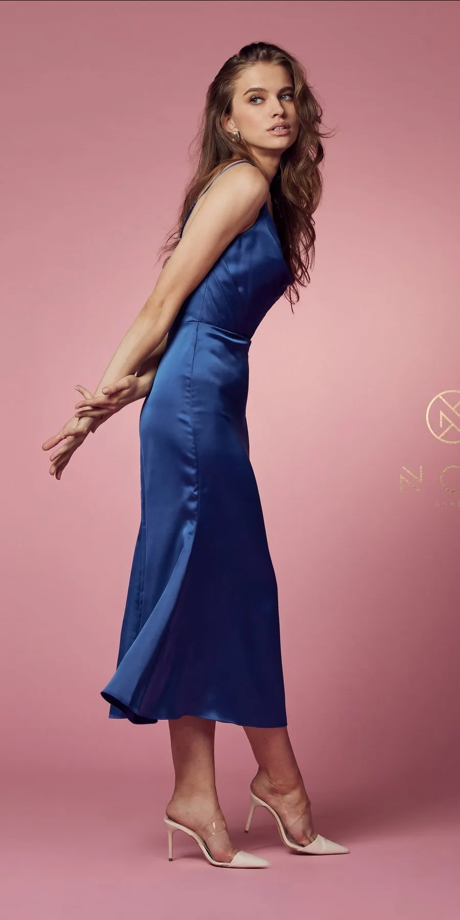 Nox Anabel R1027 Tea Midi-Length Formal Gown with Cowl Neckline