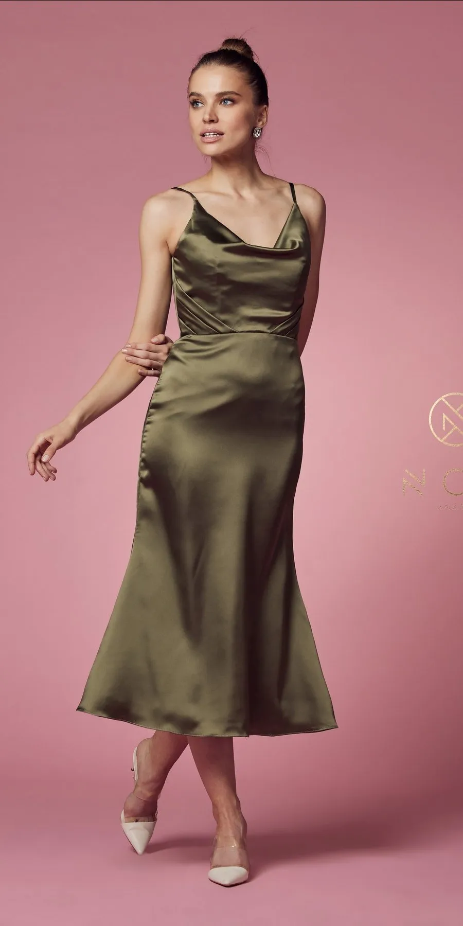 Nox Anabel R1027 Tea Midi-Length Formal Gown with Cowl Neckline