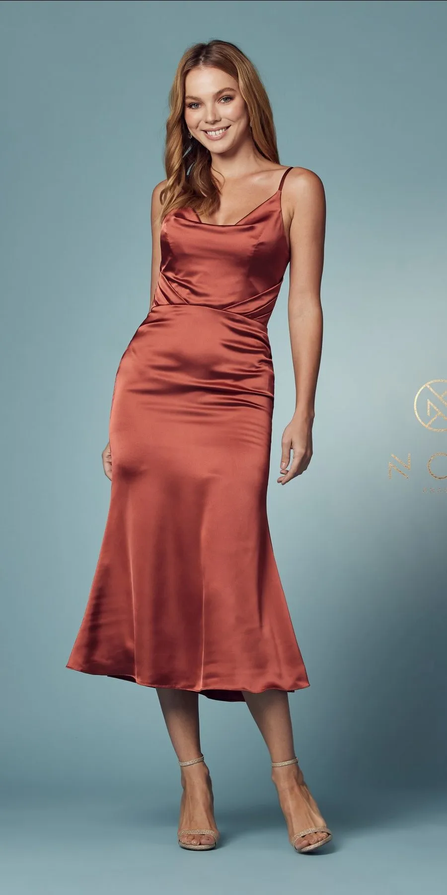 Nox Anabel R1027 Tea Midi-Length Formal Gown with Cowl Neckline