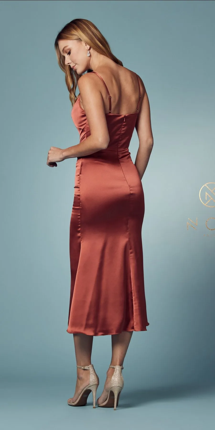 Nox Anabel R1027 Tea Midi-Length Formal Gown with Cowl Neckline