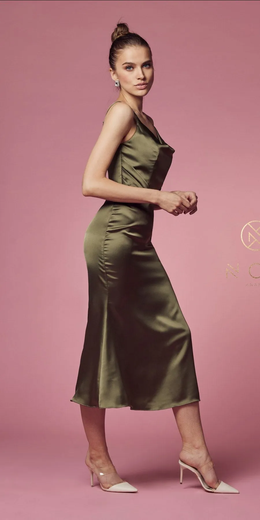 Nox Anabel R1027 Tea Midi-Length Formal Gown with Cowl Neckline