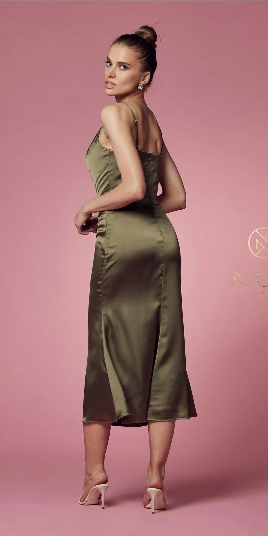 Nox Anabel R1027 Tea Midi-Length Formal Gown with Cowl Neckline