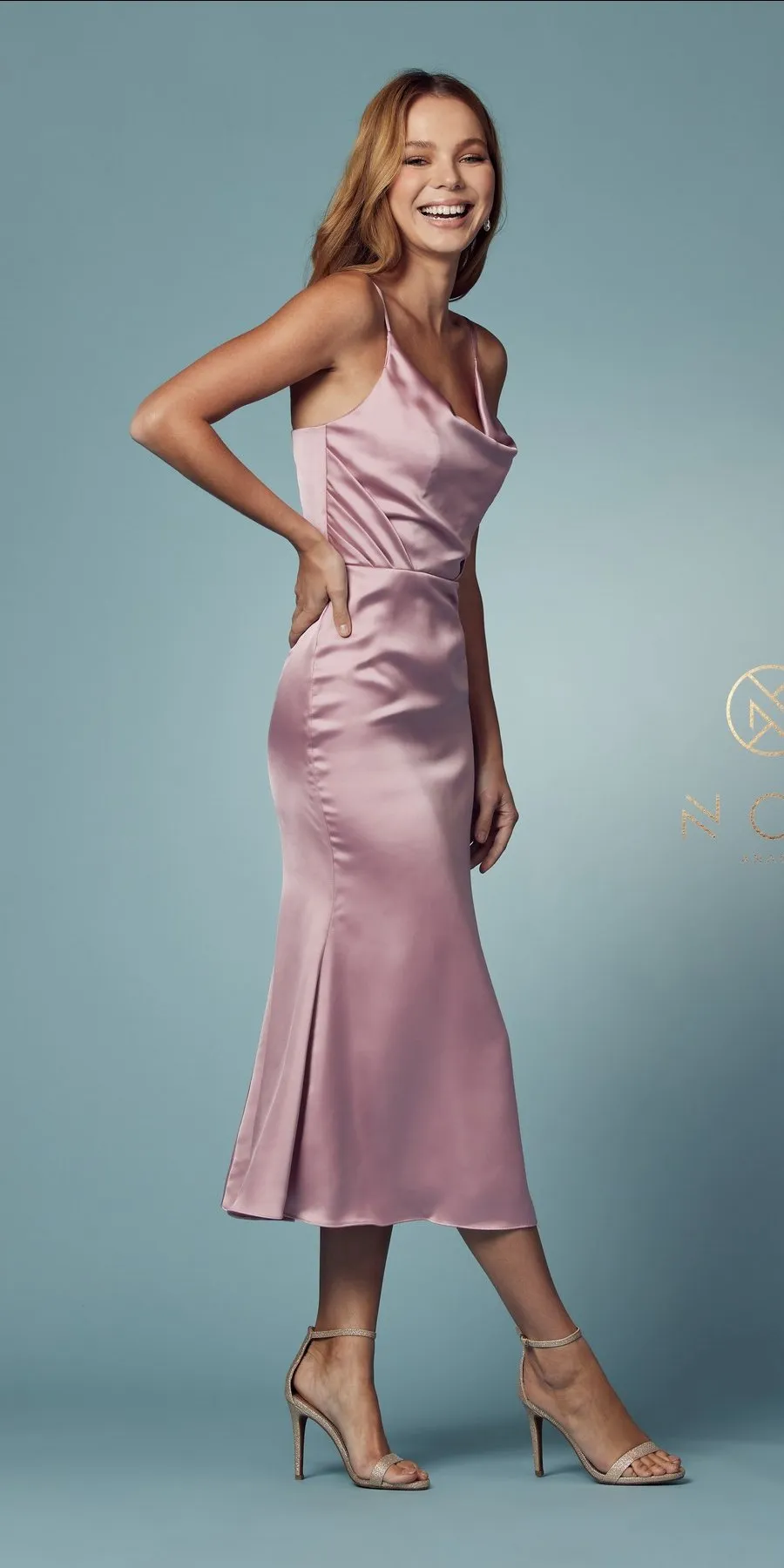 Nox Anabel R1027 Tea Midi-Length Formal Gown with Cowl Neckline