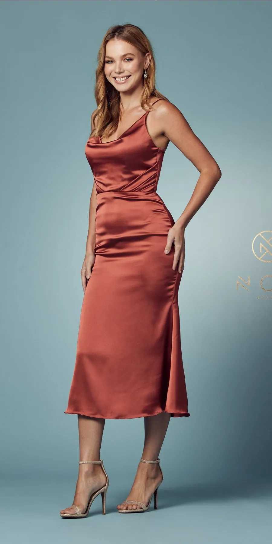 Nox Anabel R1027 Tea Midi-Length Formal Gown with Cowl Neckline