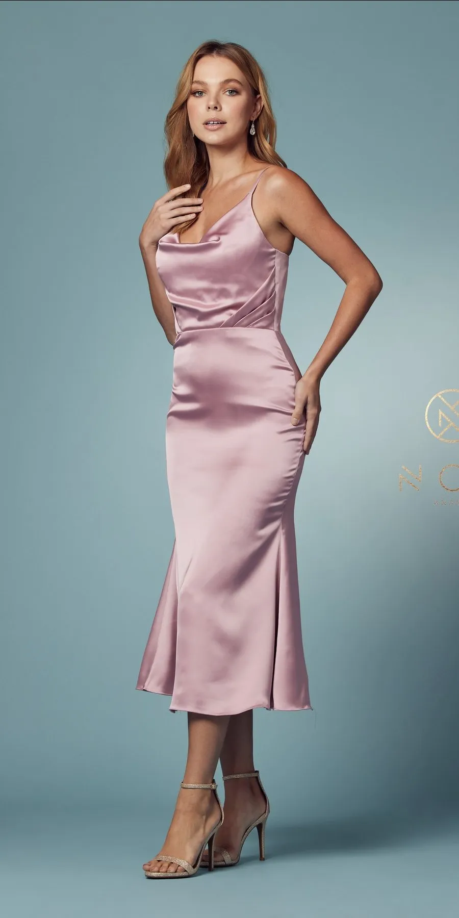 Nox Anabel R1027 Tea Midi-Length Formal Gown with Cowl Neckline