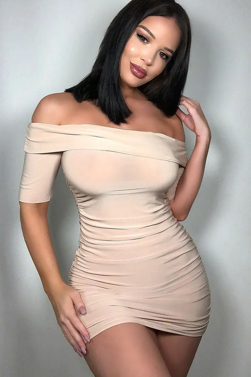 Nude Slinky Ruched Bardot Mini Dress - Sicily