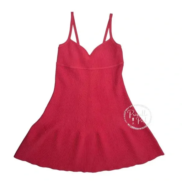 NWT Herve Leger Sweetheart Ribbed Fit and Flare Dress Fluted Hem Pink Burnt Rose