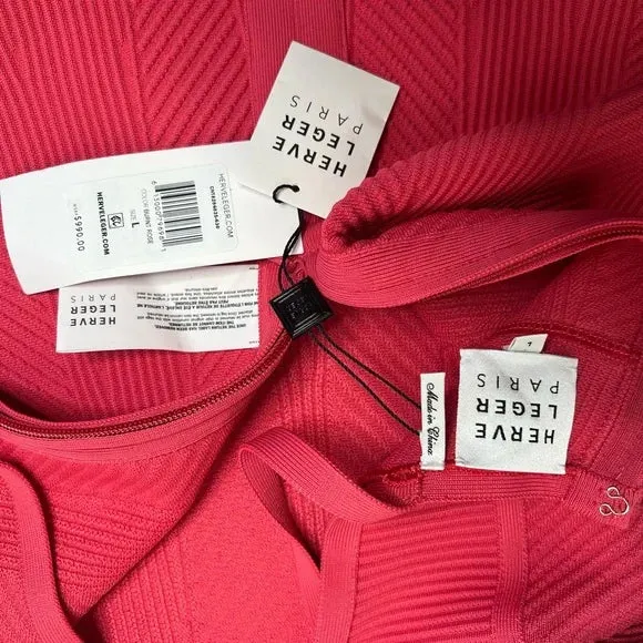 NWT Herve Leger Sweetheart Ribbed Fit and Flare Dress Fluted Hem Pink Burnt Rose