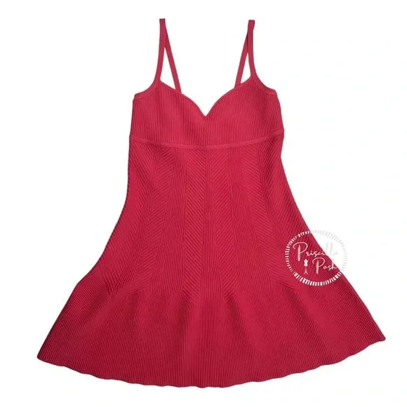 NWT Herve Leger Sweetheart Ribbed Fit and Flare Dress Fluted Hem Pink Burnt Rose