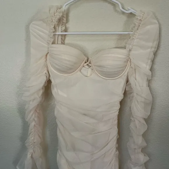 NWT OH POLLY | TRUE FOR YOU Ruched Mesh Cut Out Mini Dress Oyster White | Size 2