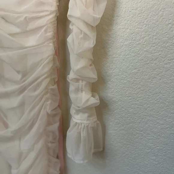 NWT OH POLLY | TRUE FOR YOU Ruched Mesh Cut Out Mini Dress Oyster White | Size 2