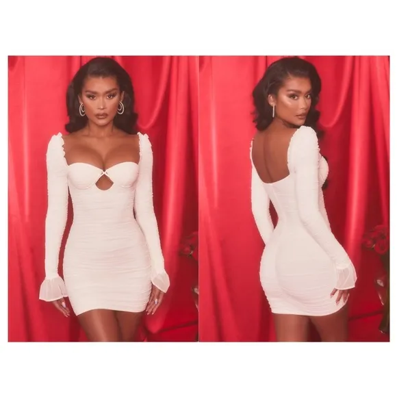 NWT OH POLLY | TRUE FOR YOU Ruched Mesh Cut Out Mini Dress Oyster White | Size 2