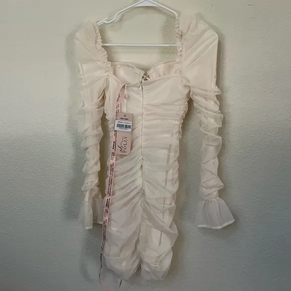 NWT OH POLLY | TRUE FOR YOU Ruched Mesh Cut Out Mini Dress Oyster White | Size 2