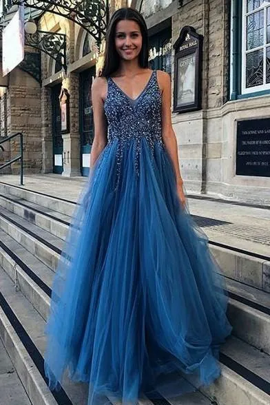 Ocean Blue Tulle Prom Dress with Beaded Bodice