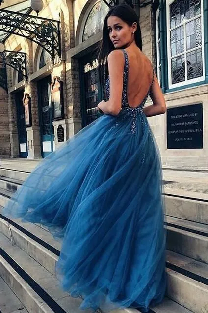Ocean Blue Tulle Prom Dress with Beaded Bodice