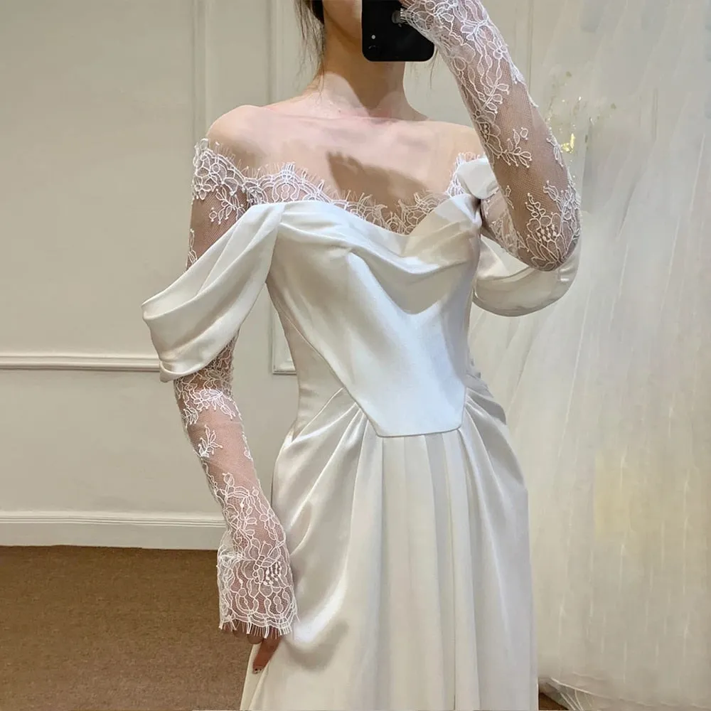 Off Shoulder Lace Wedding Gowns Big Size A Line Long Sleeves