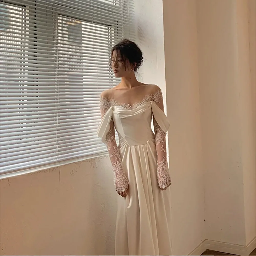 Off Shoulder Lace Wedding Gowns Big Size A Line Long Sleeves