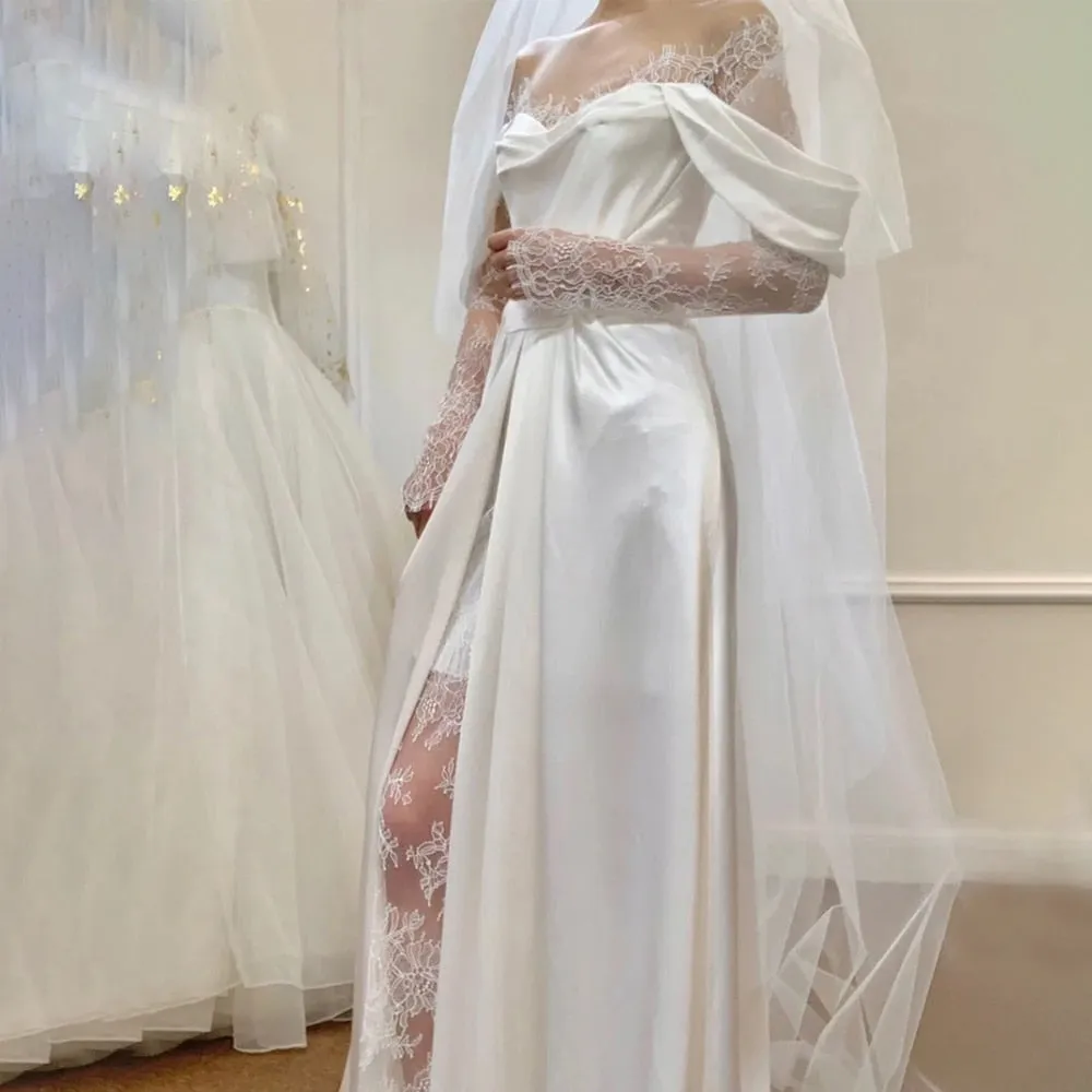 Off Shoulder Lace Wedding Gowns Big Size A Line Long Sleeves